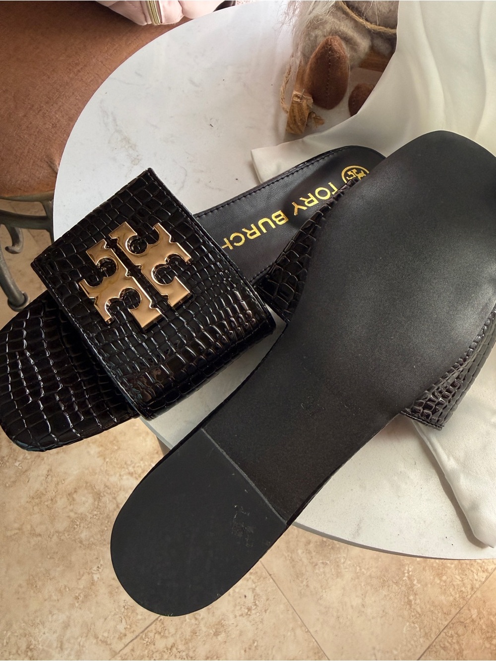 Tory Burch Eleanor Croc-Embossed Slide Sandals - Picture 3 of 4